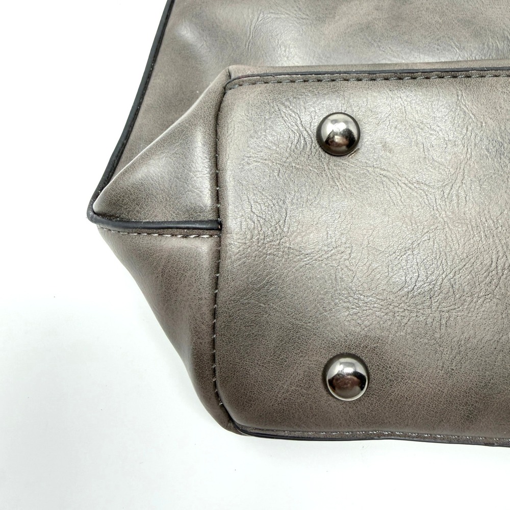 Gray Leather Tote Bag Brown Strap Large Zip Pocket Shoulder Bag - Picture 6 of 15